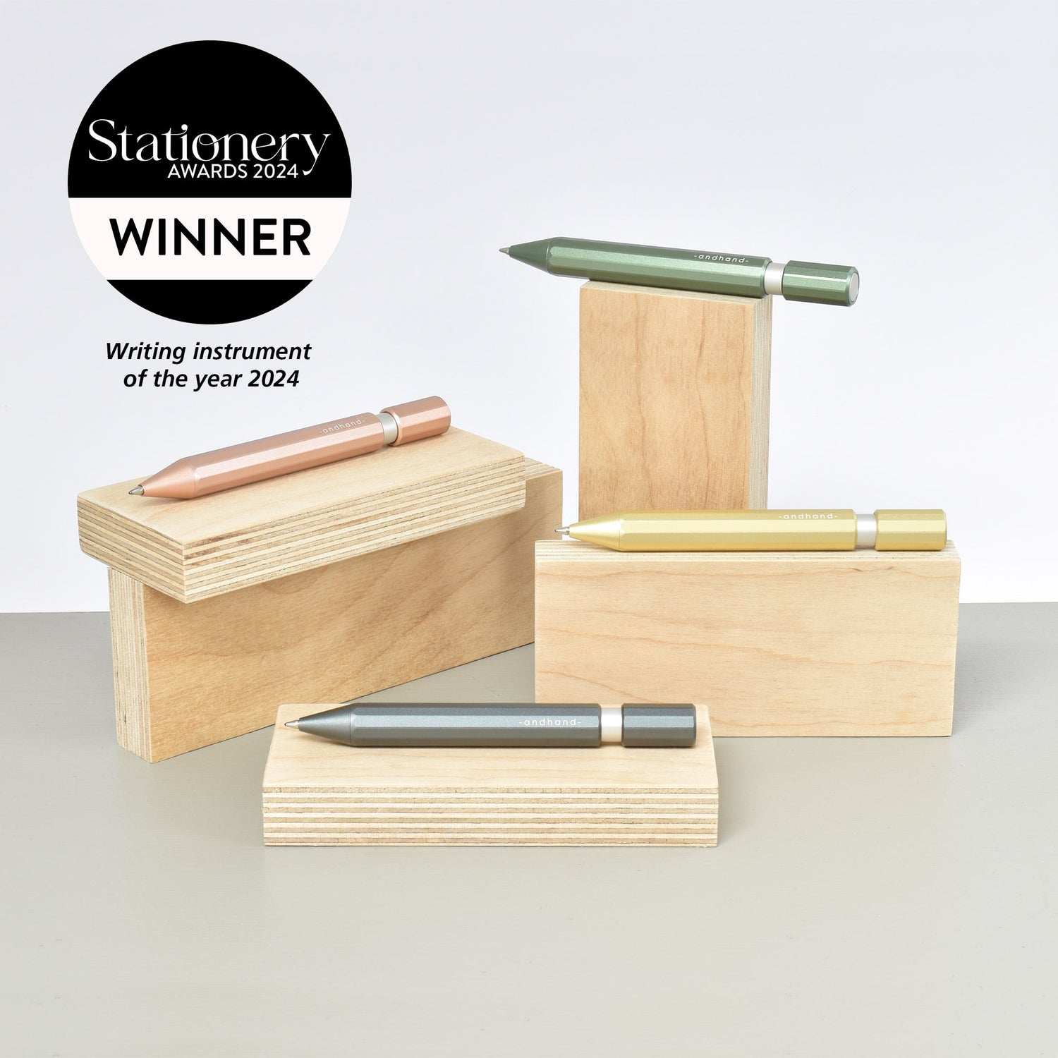 Aspect pen comes in Forest Green, Blush Pink, Gold Lustre and Slate grey anodized finishes. Winner of the stationery awards writing instrument of the year 2024.